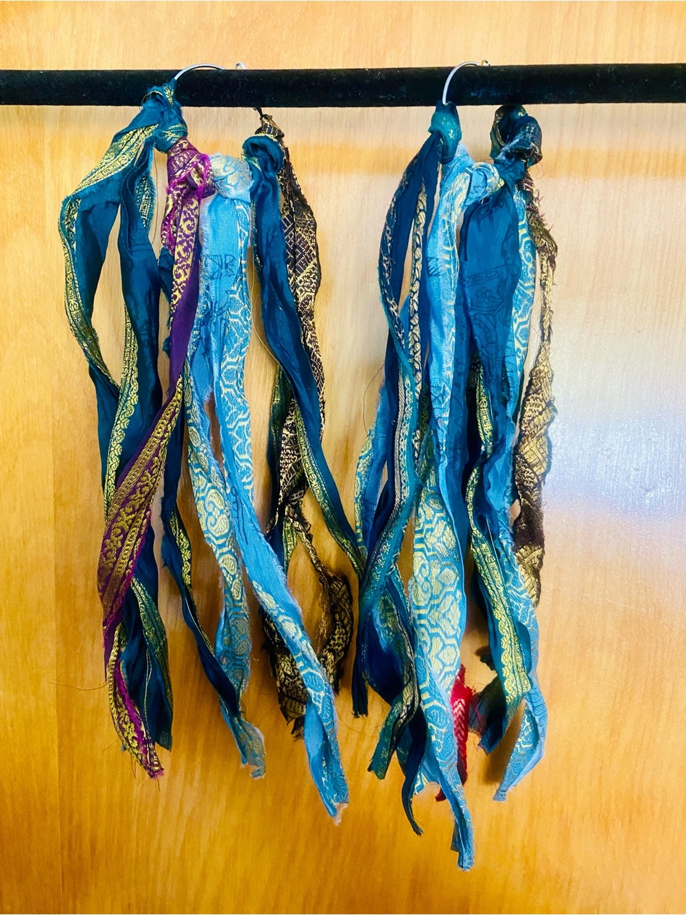 Boutique-made Boho Fabric Tassel Earrings in Teals,Blues,Golds